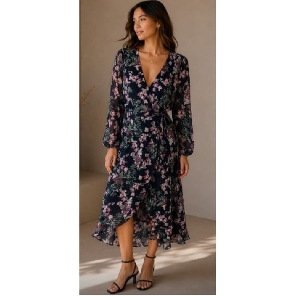 Everly Faux Wrap Dress Large Floral Metallic Cottage Boho Fairy Flowy Garden
